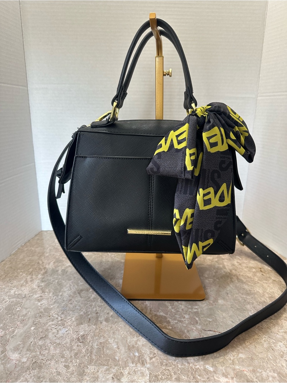 Steve Madden Black Structured Satchel Crossbody Top Handle Scarf Purse Chic